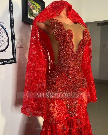 Beautiful Red Mermaid Sleeveless Beaded Lace Long Prom Dress with Veil