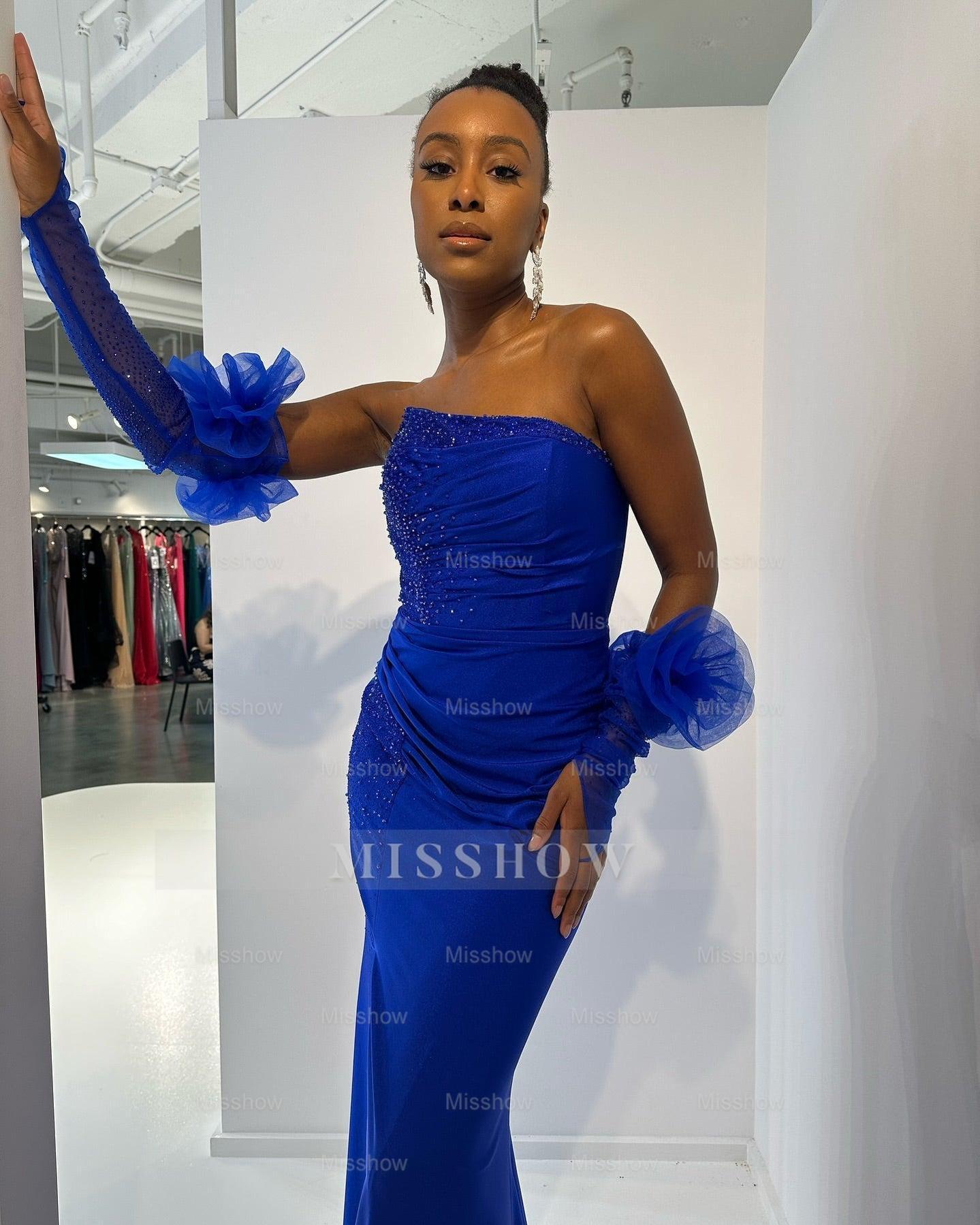 Beautiful Royal Blue Column Strapless Sleeveless Sequined Long Satin Evening Dresses With Slit