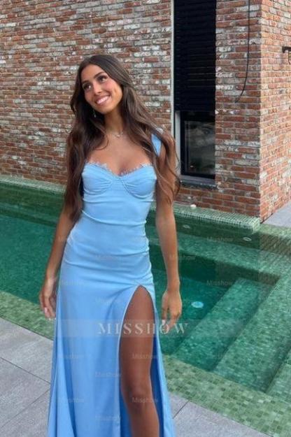 Beautiful Sky Blue Mermaid Sweetheart Spaghetti Strap Sleeveless Split Front Simple Satin Prom Dresses