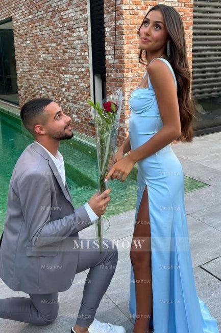 Beautiful Sky Blue Mermaid Sweetheart Spaghetti Strap Sleeveless Split Front Simple Satin Prom Dresses