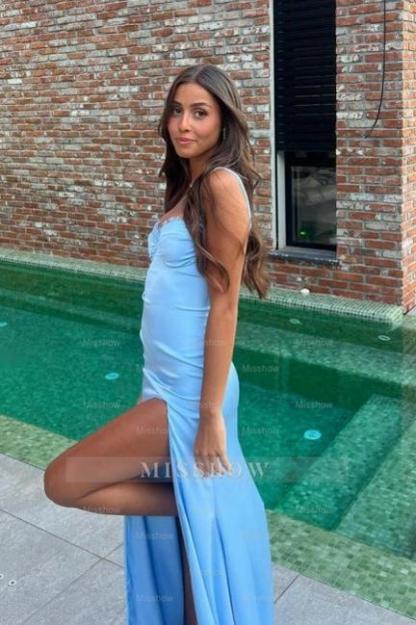 Beautiful Sky Blue Mermaid Sweetheart Spaghetti Strap Sleeveless Split Front Simple Satin Prom Dresses