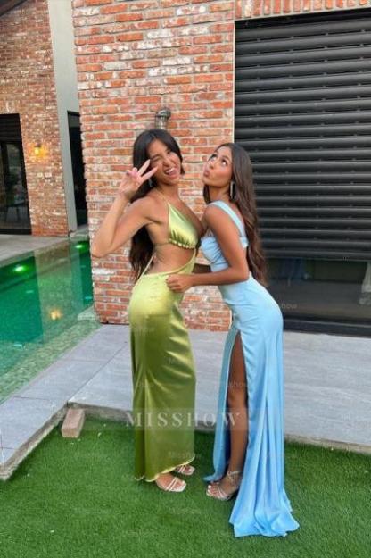 Beautiful Sky Blue Mermaid Sweetheart Spaghetti Strap Sleeveless Split Front Simple Satin Prom Dresses