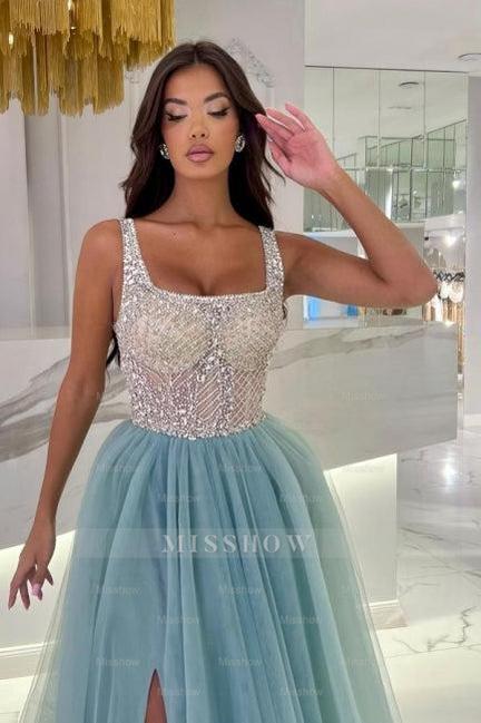 Beautiful Spaghetti Strap Blue Square Beaded A-Line Sleeveless Floor-Length Tulle Evening Dresses With Slit