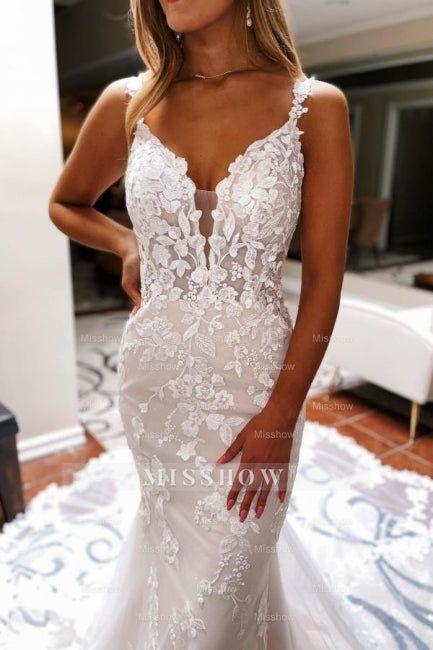 Beautiful Spaghetti Straps V-neck Backless Lace Mermaid Wedding Dresses
