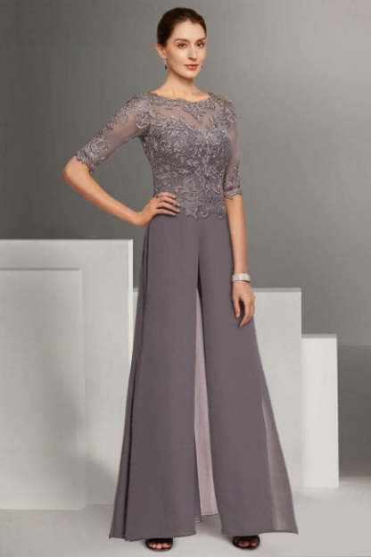 Beautiful Two Pieces Mother of The Bride Dress Chiffon Scoop Half Sleeve Bridesmaid Dresses With Appliques