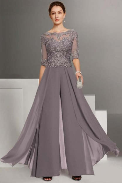 Beautiful Two Pieces Mother of The Bride Dress Chiffon Scoop Half Sleeve Bridesmaid Dresses With Appliques