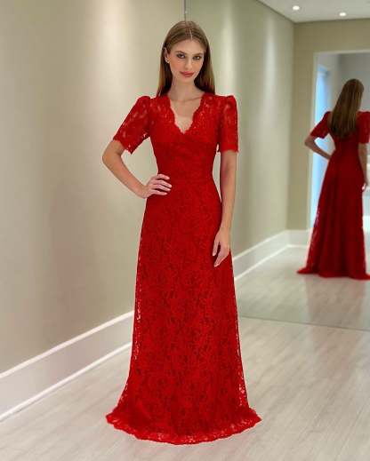 Beautiful V-Neck Column Lace Short Sleeves Mother of the Bride Floor-Length Wedding Guest Dresses