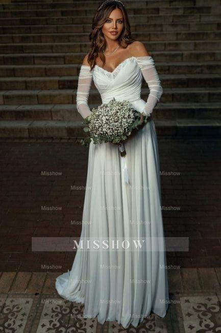 Beautiful White A-Line Off-The-Shoulder Long Sleeves Chiffon Ruffles Simple Wedding Dresses