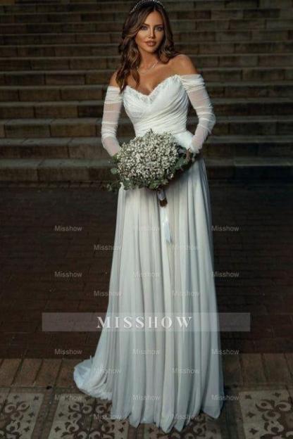 Beautiful White A-Line Off-The-Shoulder Long Sleeves Chiffon Ruffles Simple Wedding Dresses