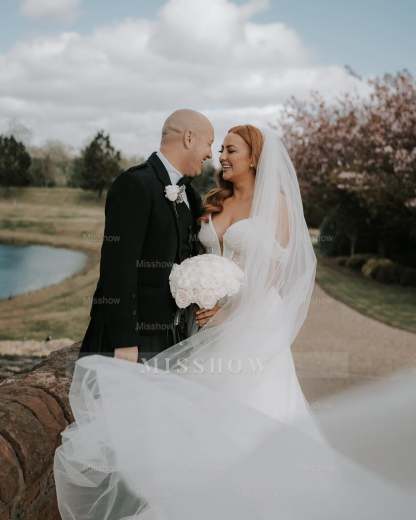 Beautiful White A-Line Off-The-Shoulder Strapless Beaded Long Tulle Wedding Dress With Pearls