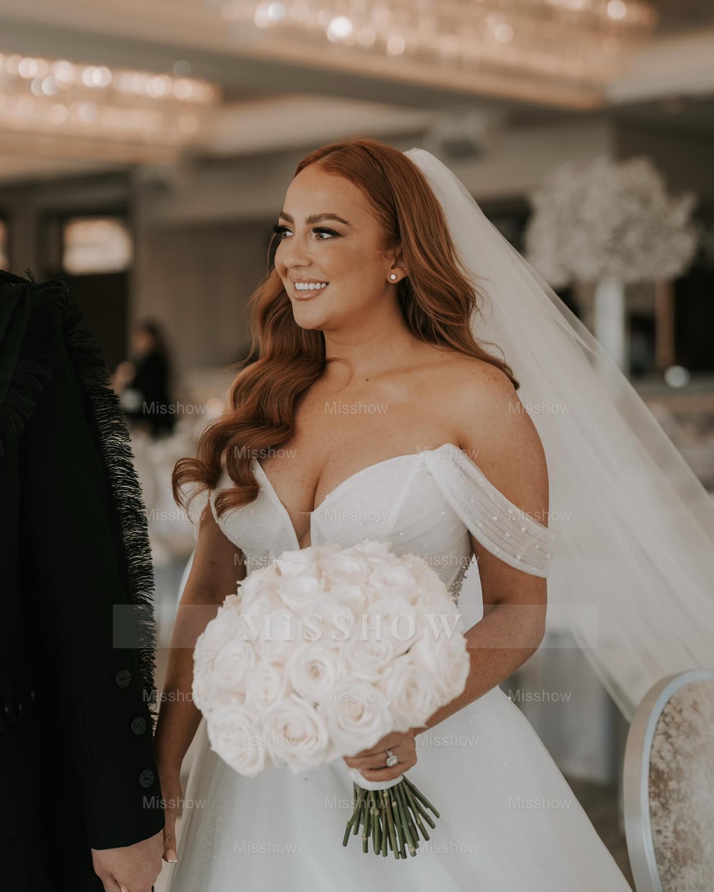 Beautiful White A-Line Off-The-Shoulder Strapless Beaded Long Tulle Wedding Dress With Pearls