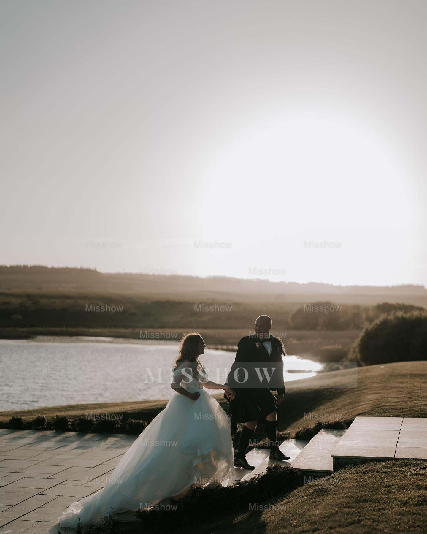 Beautiful White A-Line Off-The-Shoulder Strapless Beaded Long Tulle Wedding Dress With Pearls