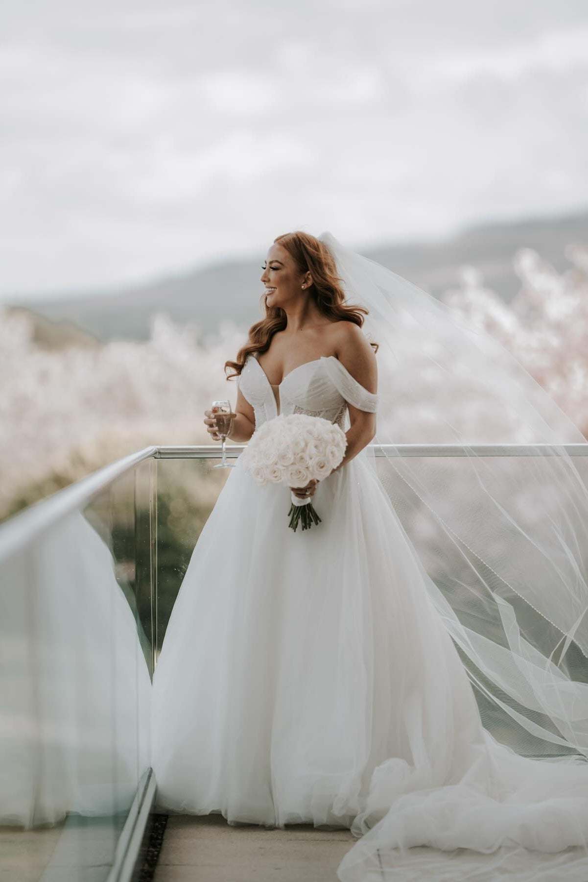 Beautiful White A-Line Off-The-Shoulder Strapless Beaded Long Tulle Wedding Dress With Pearls