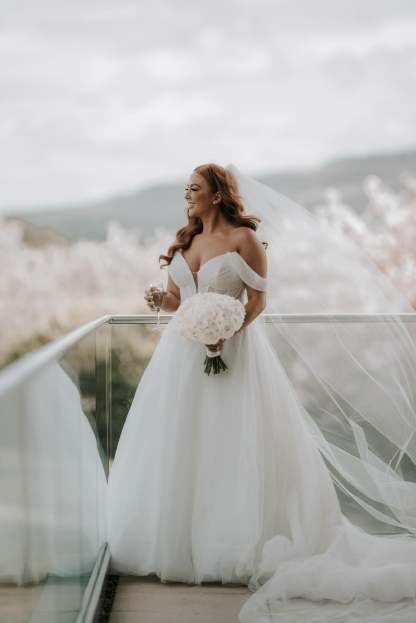 Beautiful White A-Line Off-The-Shoulder Strapless Beaded Long Tulle Wedding Dress With Pearls