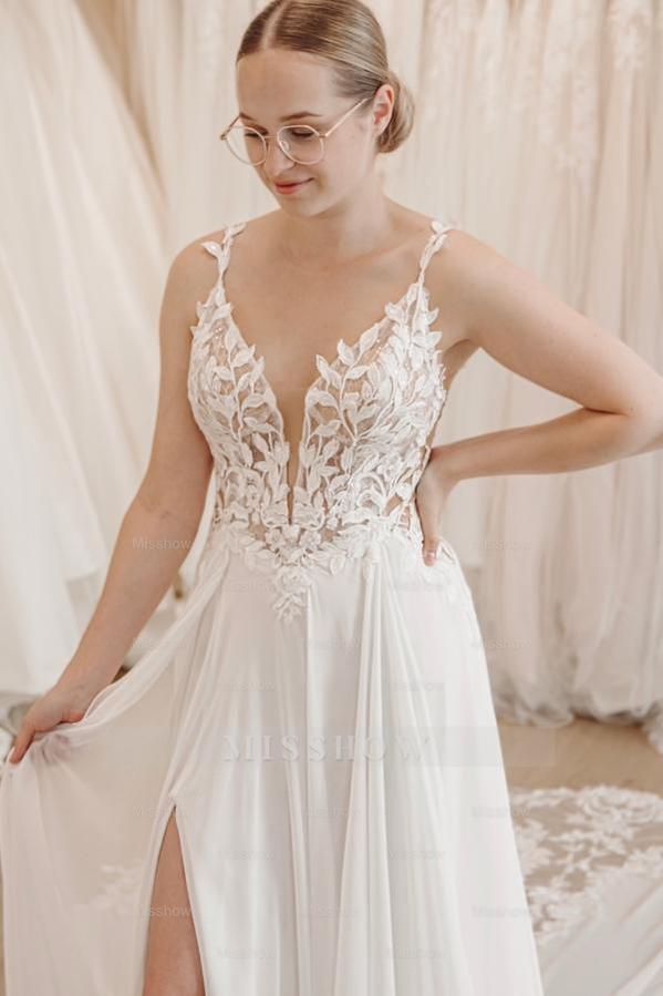 Beautiful White A-Line Spaghetti Strap V-Neck Sleeveless Long Chiffon Split Front Wedding Dresses With Appliques