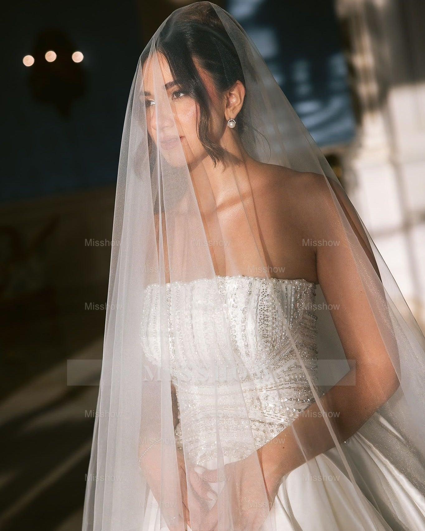 Beautiful White A-Line Strapless Beaded Sequined Sleeveless Satin Wedding Dress With Pearls