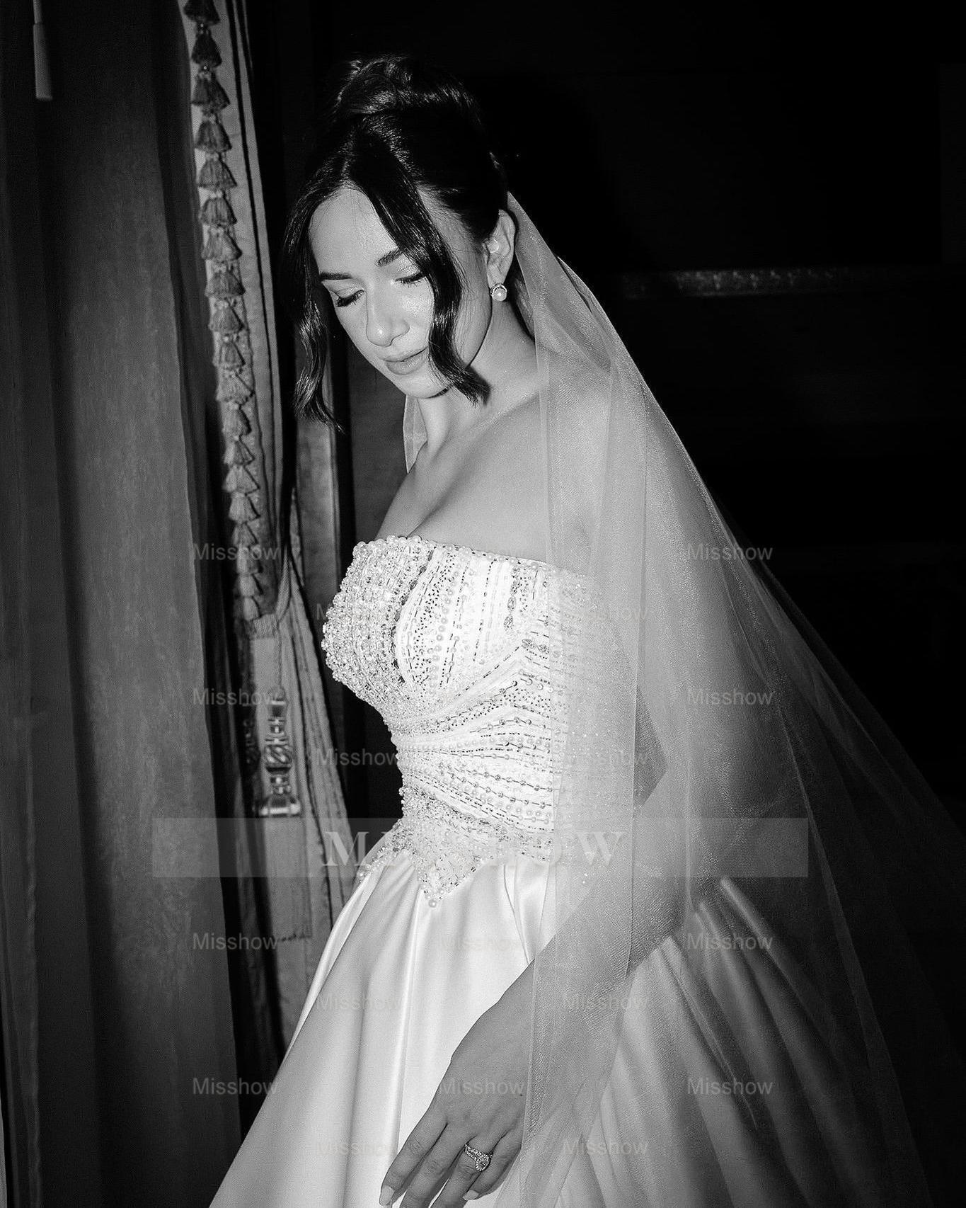 Beautiful White A-Line Strapless Beaded Sequined Sleeveless Satin Wedding Dress With Pearls