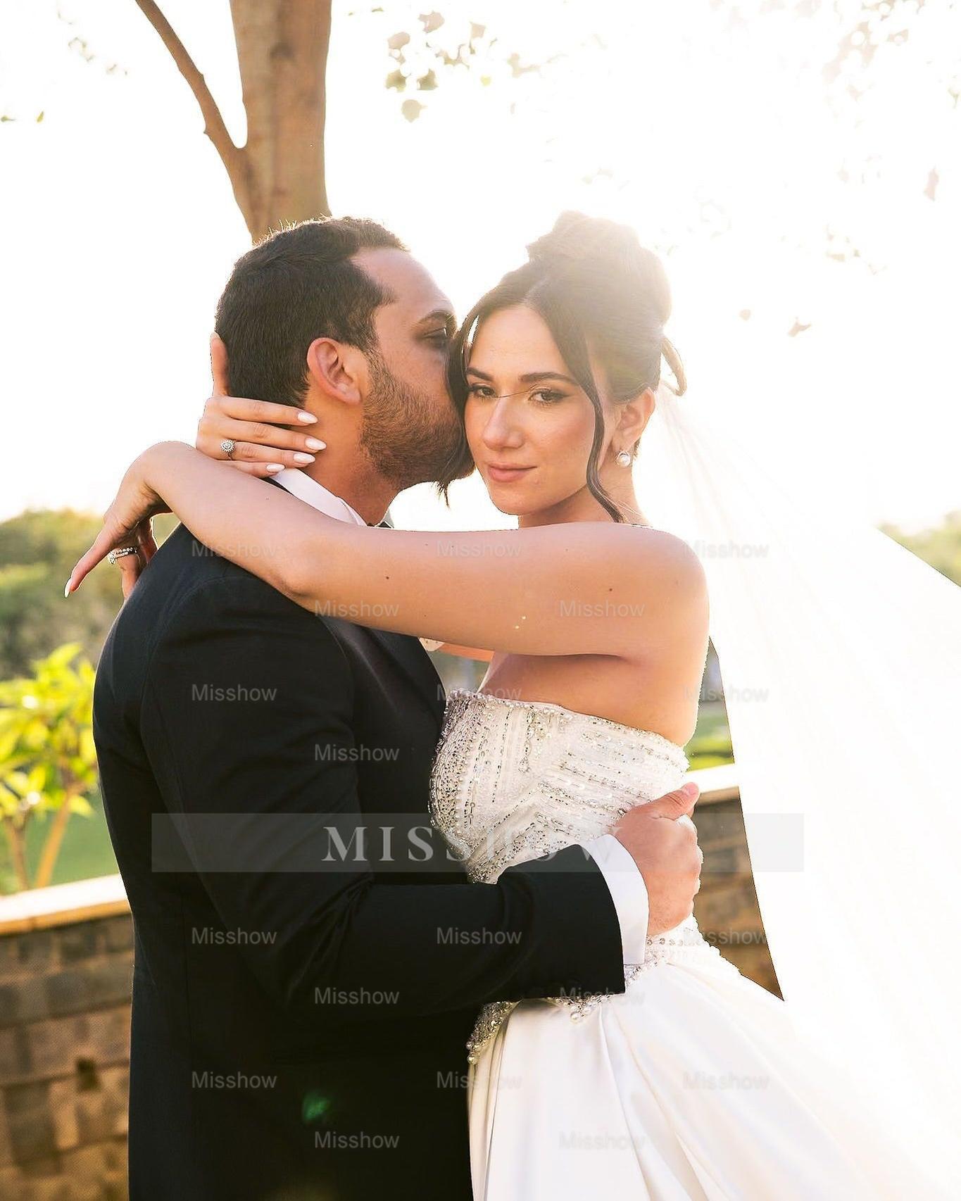 Beautiful White A-Line Strapless Beaded Sequined Sleeveless Satin Wedding Dress With Pearls