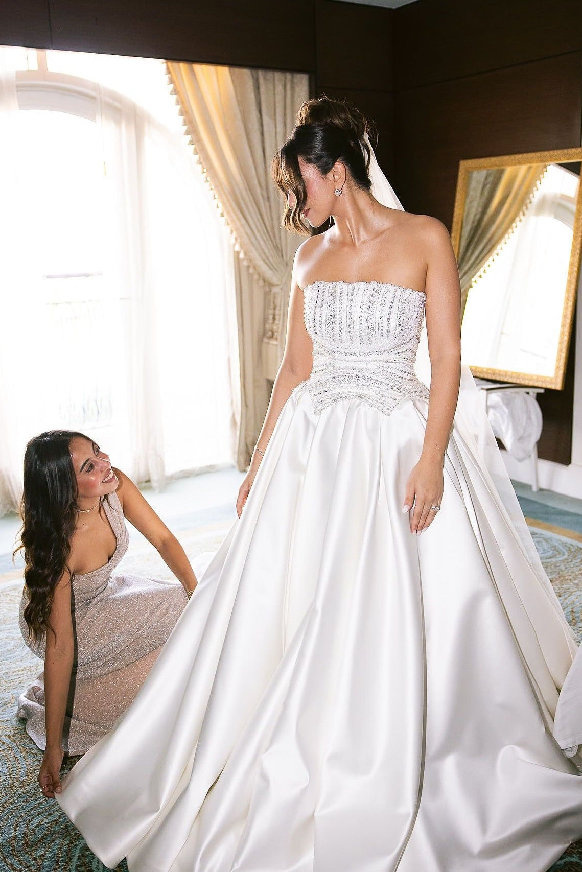 Beautiful White A-Line Strapless Beaded Sequined Sleeveless Satin Wedding Dress With Pearls