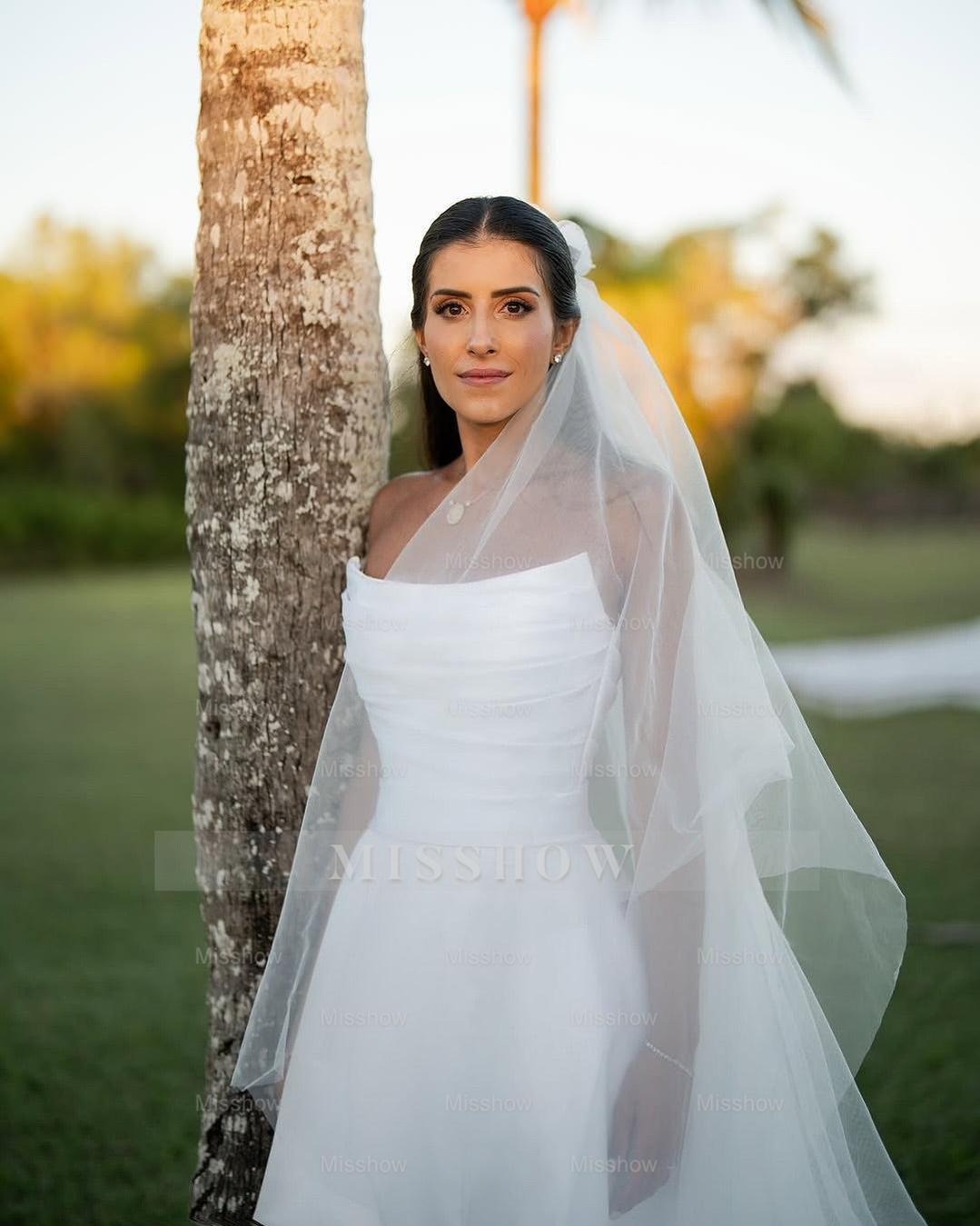 Beautiful White A-Line Strapless Sleeveless Simple Floor-Length Satin Wedding Dresses With Ruffles