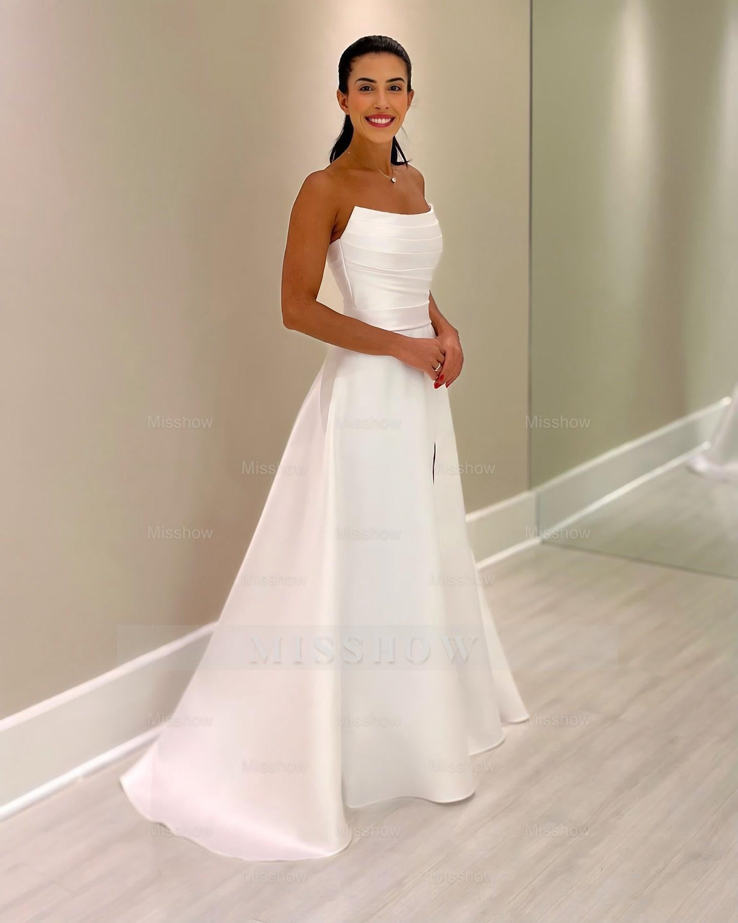 Beautiful White A-Line Strapless Sleeveless Simple Floor-Length Satin Wedding Dresses With Ruffles