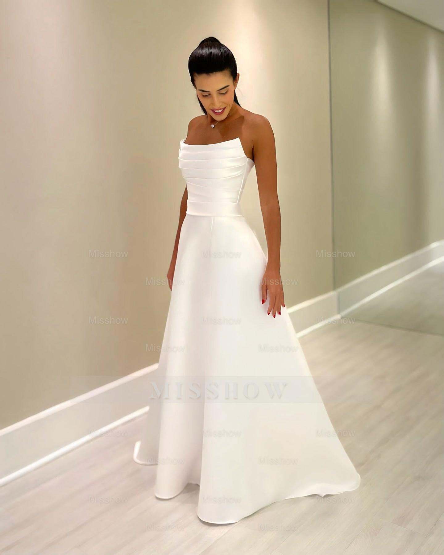 Beautiful White A-Line Strapless Sleeveless Simple Floor-Length Satin Wedding Dresses With Ruffles