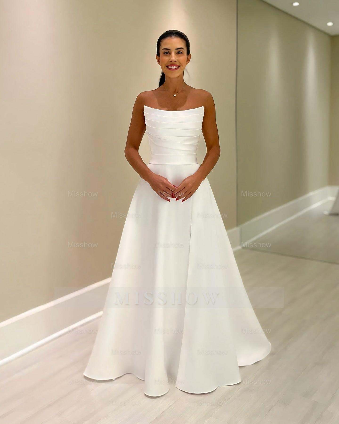 Beautiful White A-Line Strapless Sleeveless Simple Floor-Length Satin Wedding Dresses With Ruffles