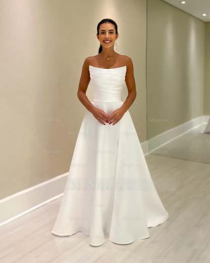 Beautiful White A-Line Strapless Sleeveless Simple Floor-Length Satin Wedding Dresses With Ruffles