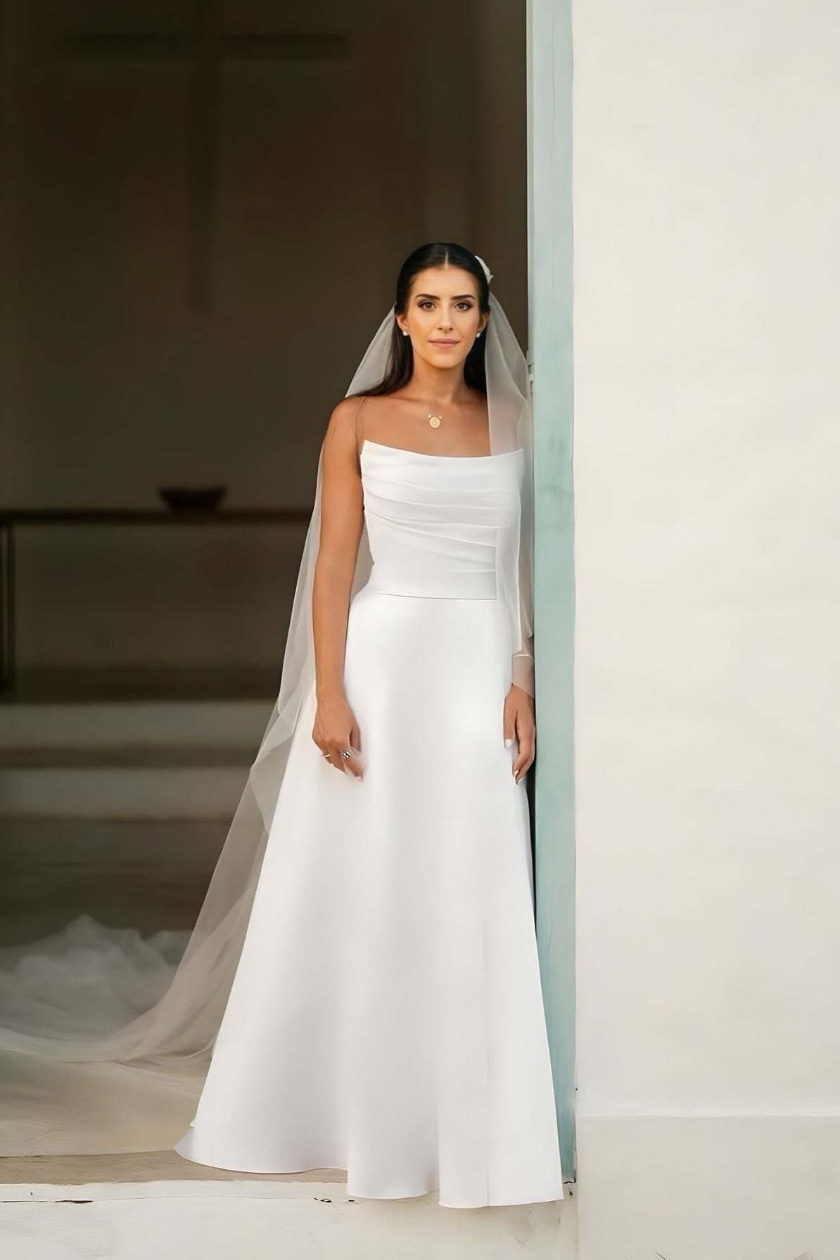 Beautiful White A-Line Strapless Sleeveless Simple Floor-Length Satin Wedding Dresses With Ruffles