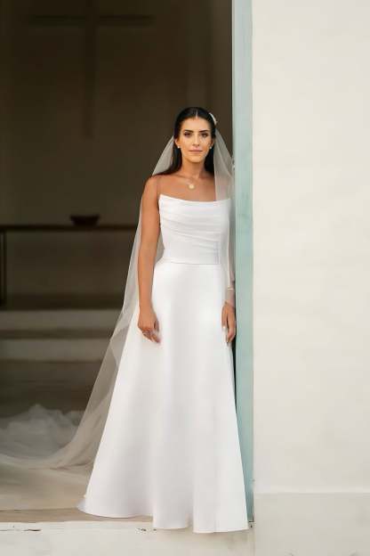 Beautiful White A-Line Strapless Sleeveless Simple Floor-Length Satin Wedding Dresses With Ruffles