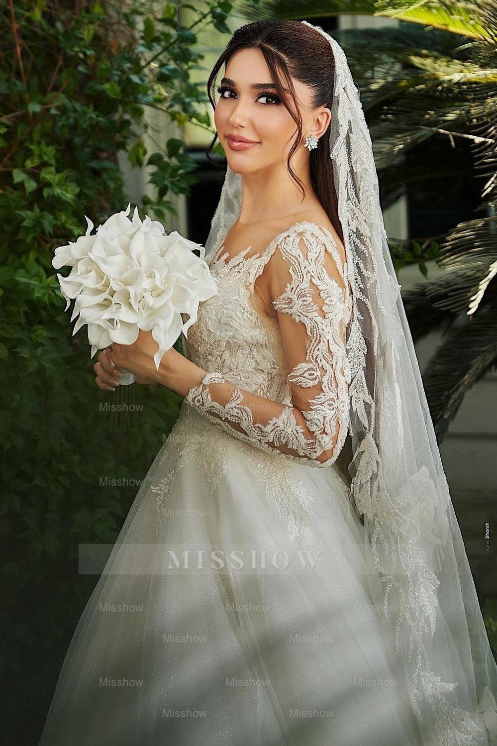 Beautiful White A-Line Sweetheart Long Sleeves Long Tulle Wedding Dresses With Appliques