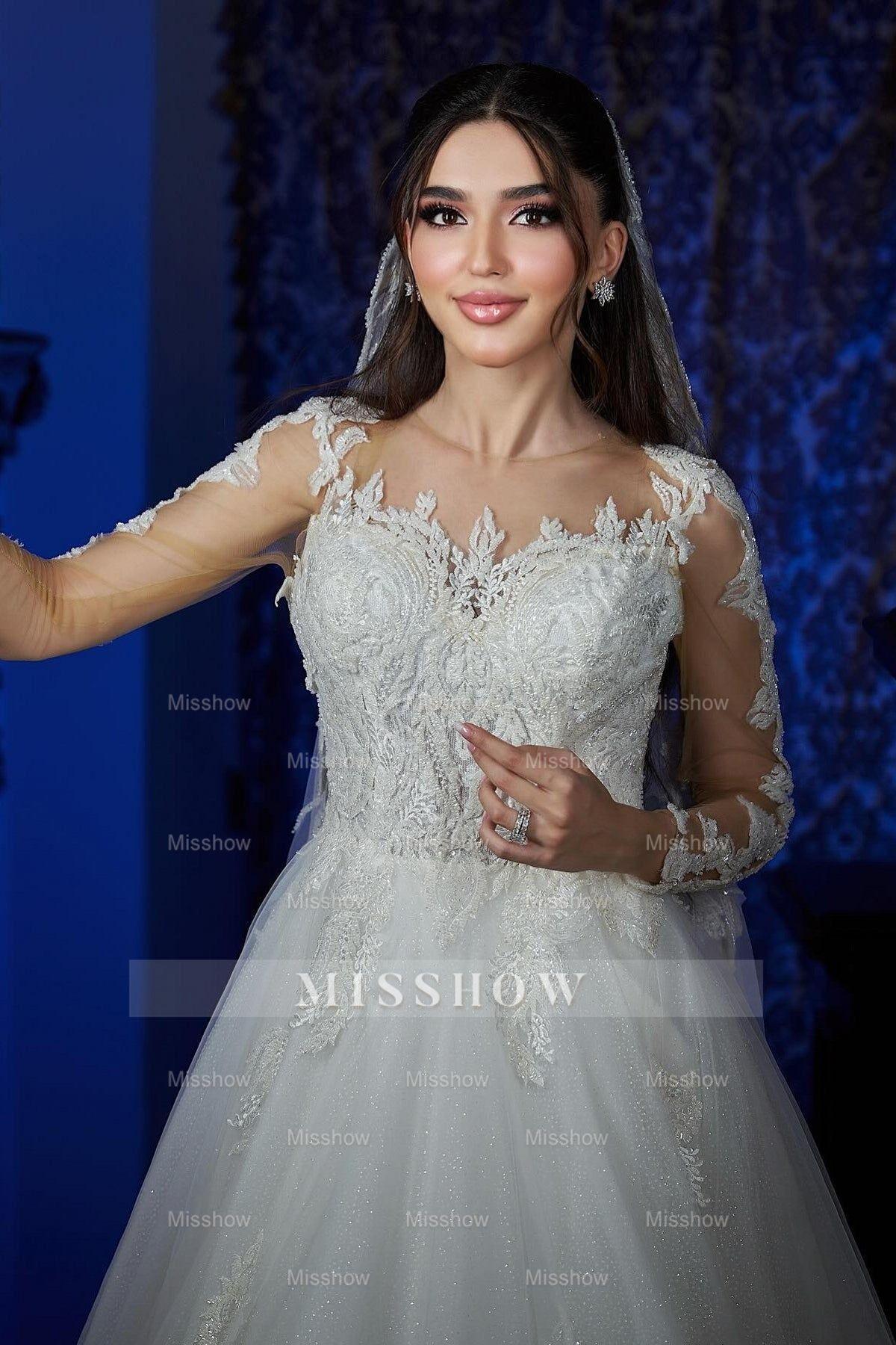 Beautiful White A-Line Sweetheart Long Sleeves Long Tulle Wedding Dresses With Appliques