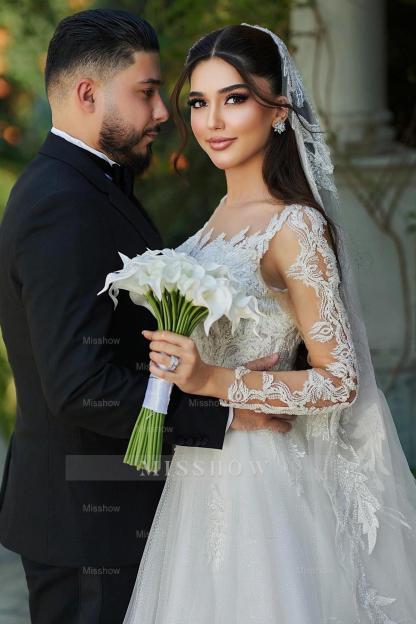 Beautiful White A-Line Sweetheart Long Sleeves Long Tulle Wedding Dresses With Appliques