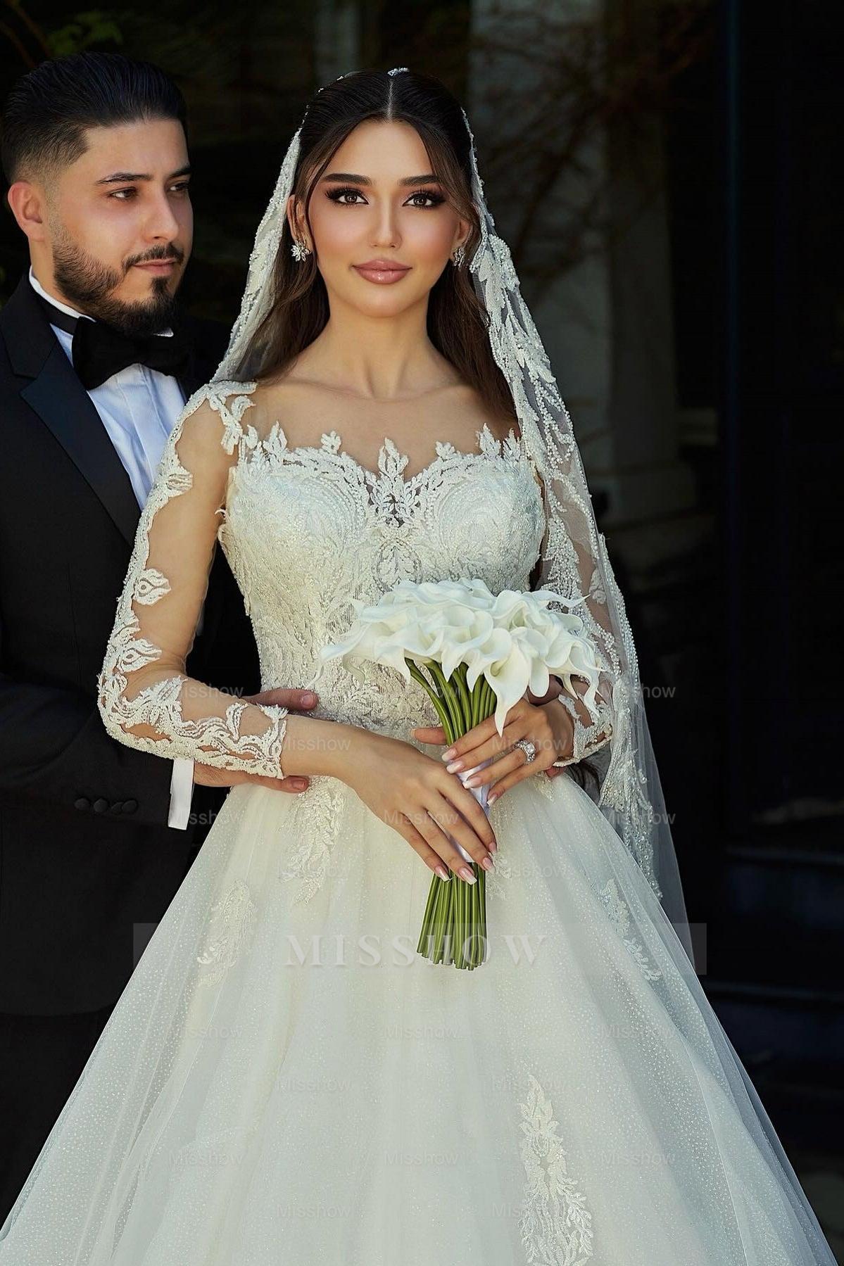 Beautiful White A-Line Sweetheart Long Sleeves Long Tulle Wedding Dresses With Appliques