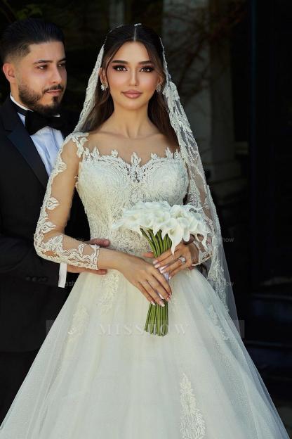 Beautiful White A-Line Sweetheart Long Sleeves Long Tulle Wedding Dresses With Appliques