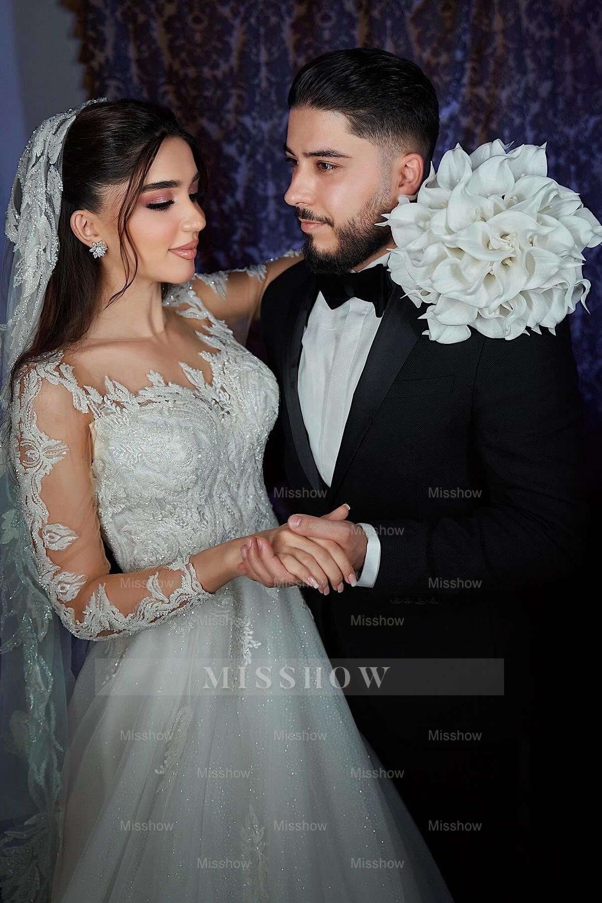 Beautiful White A-Line Sweetheart Long Sleeves Long Tulle Wedding Dresses With Appliques