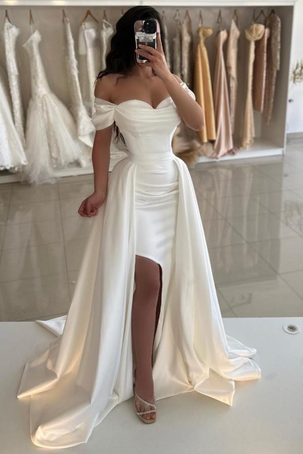 Beautiful White A-line Sweetheart Off-The-Shoulder Sleeveless Front Split Long Simple Satin Evening Dresses with Ruffles