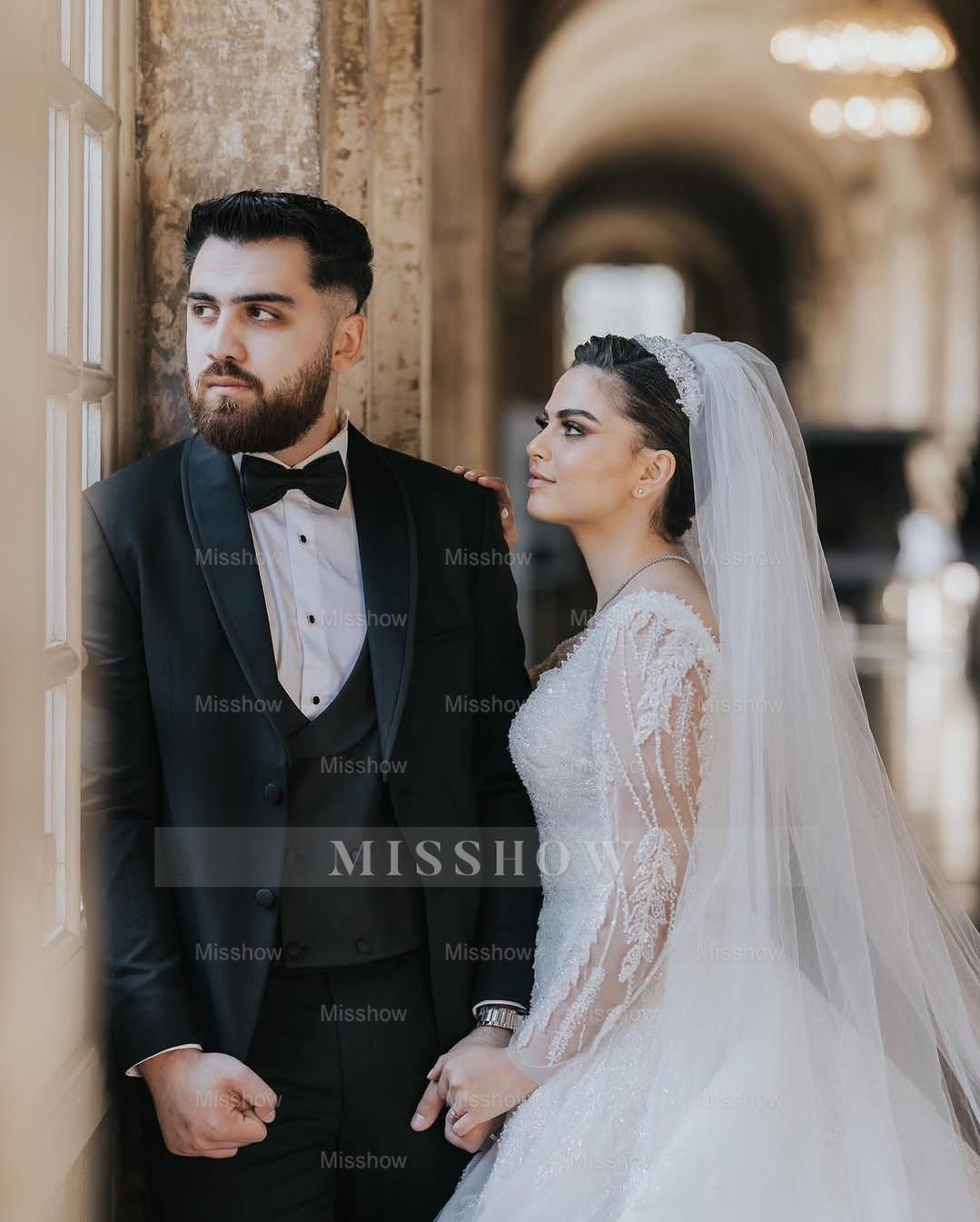 Beautiful White Ball Gown Square Long Sleeves Beaded Lace Cathedral Train Tulle Wedding Dress