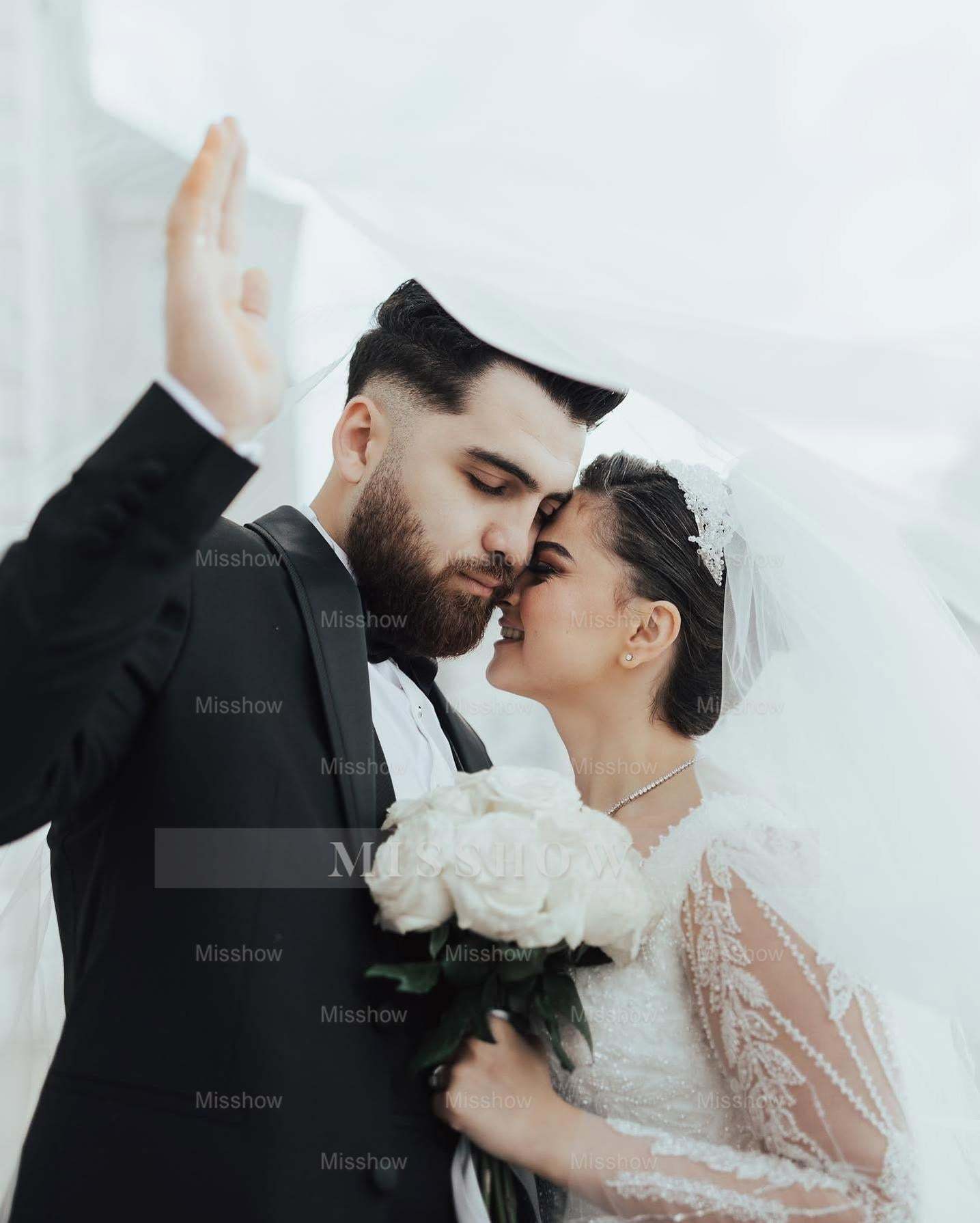 Beautiful White Ball Gown Square Long Sleeves Beaded Lace Cathedral Train Tulle Wedding Dress