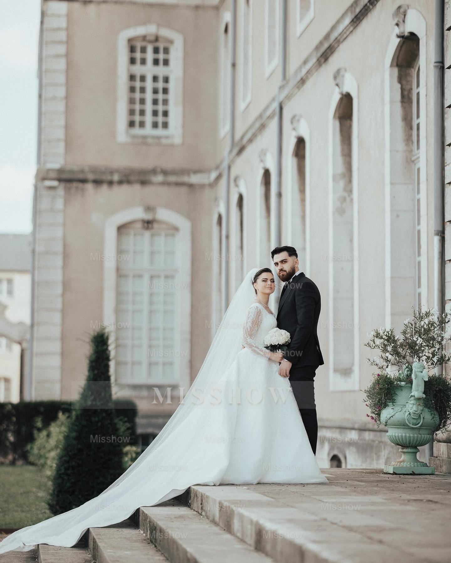 Beautiful White Ball Gown Square Long Sleeves Beaded Lace Cathedral Train Tulle Wedding Dress