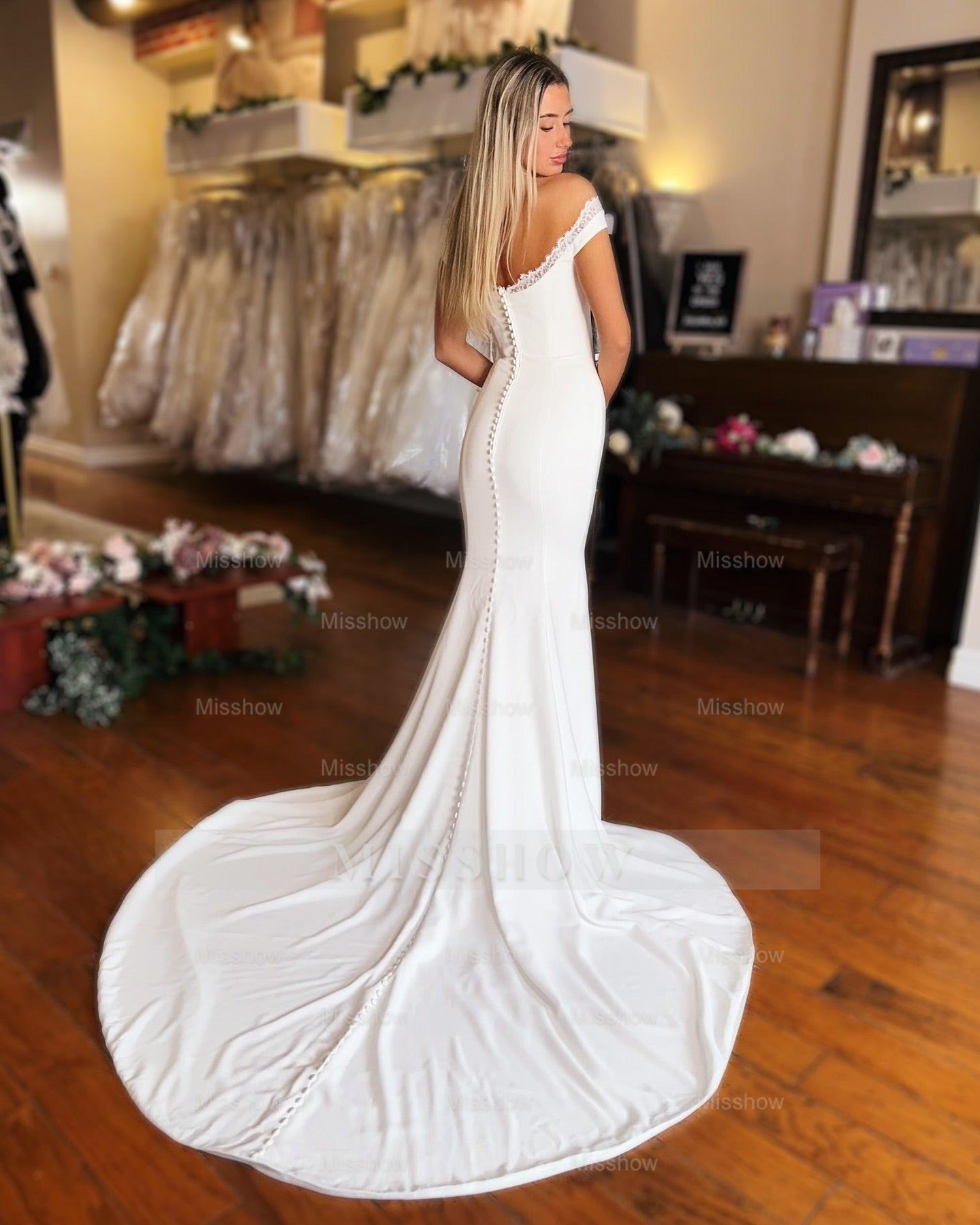 Beautiful White Mermaid Strapless Off-The-Shoulder Front Split Long Satin Simple Wedding Dress With Lace