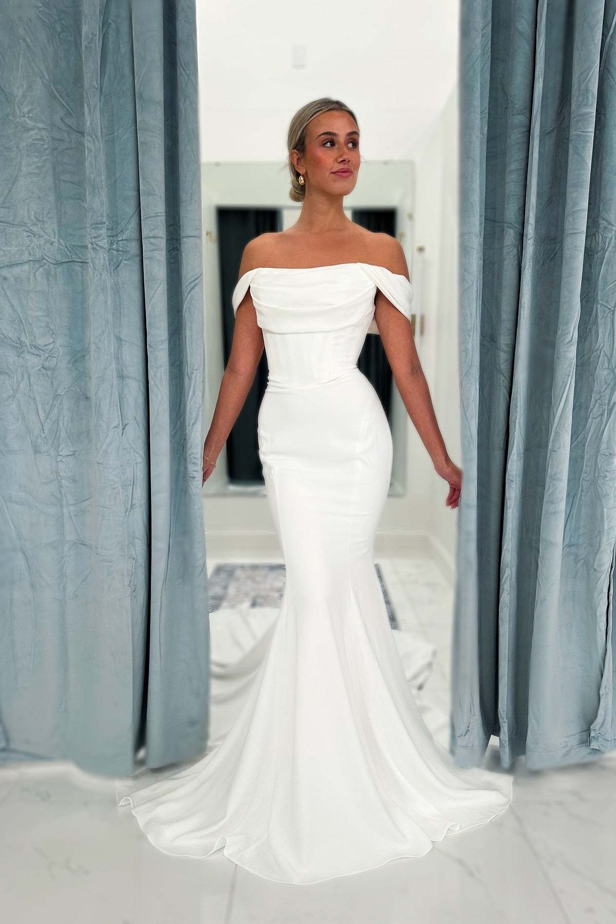 Beautiful White Mermaid Strapless Off-The-Shoulder Simple Long Satin Wedding Dress