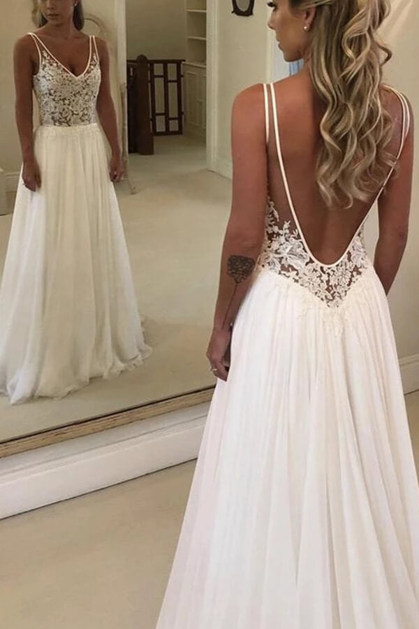 Beautiful White Open Back V-neck Lace Chiffon Wedding Dress