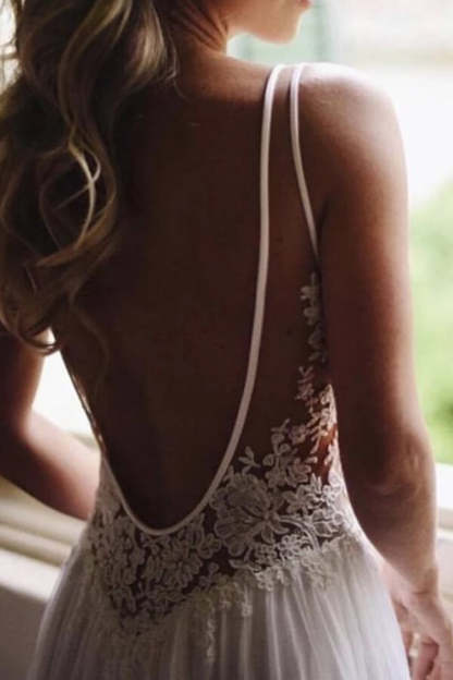 Beautiful White Open Back V-neck Lace Chiffon Wedding Dress