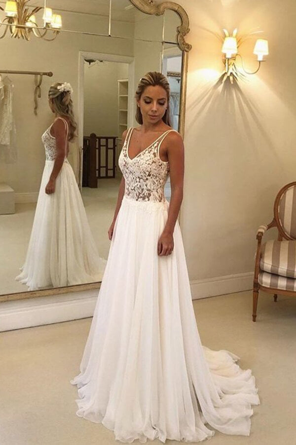 Beautiful White Open Back V-neck Lace Chiffon Wedding Dress