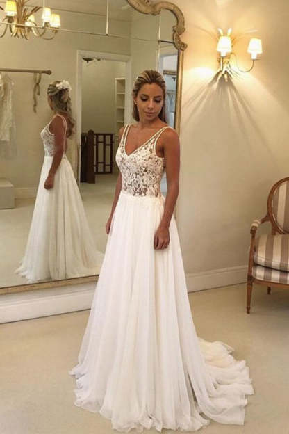 Beautiful White Open Back V-neck Lace Chiffon Wedding Dress