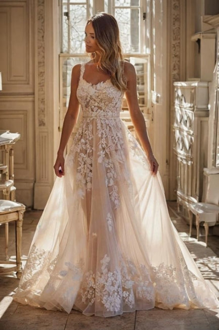 Beautiful White Spaghetti Strap A-Line Sleeveless Floor-Length Tulle Wedding Dresses With Appliques