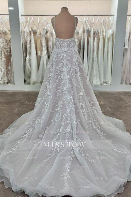 Beautiful White Spaghetti Strap A-Line V-Neck Sleeveless Backless Long Tulle Wedding Dresses With Appliques