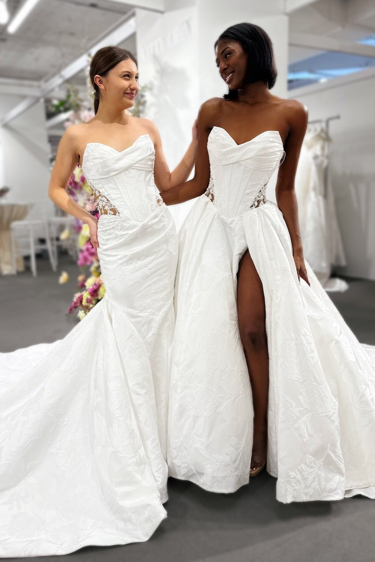 Beautiful White Sweetheart Strapless Ruffles Cathedral Train Satin Wedding Dress With Lace