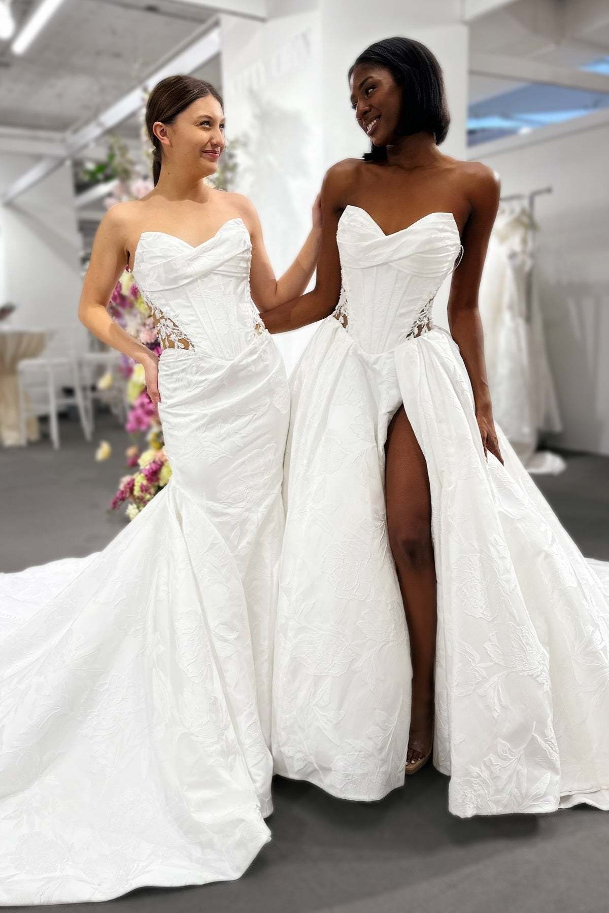 Beautiful White Sweetheart Strapless Ruffles Cathedral Train Satin Wedding Dress With Lace